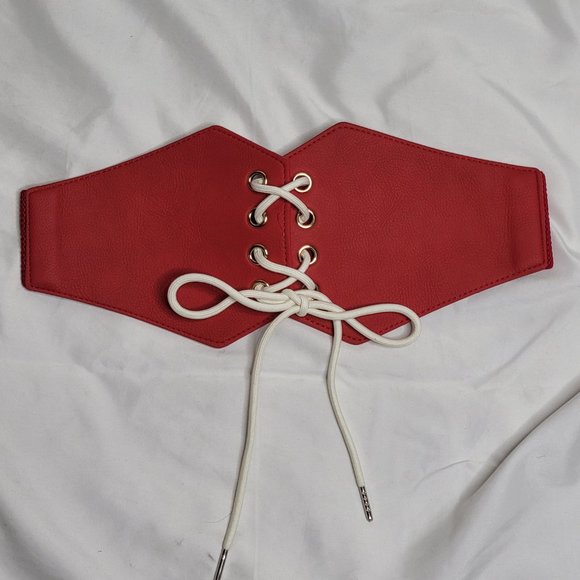 Women's LCF Steampunk Red and White Lace-up Elastic Waistband Corset Belt - Picture 16 of 17